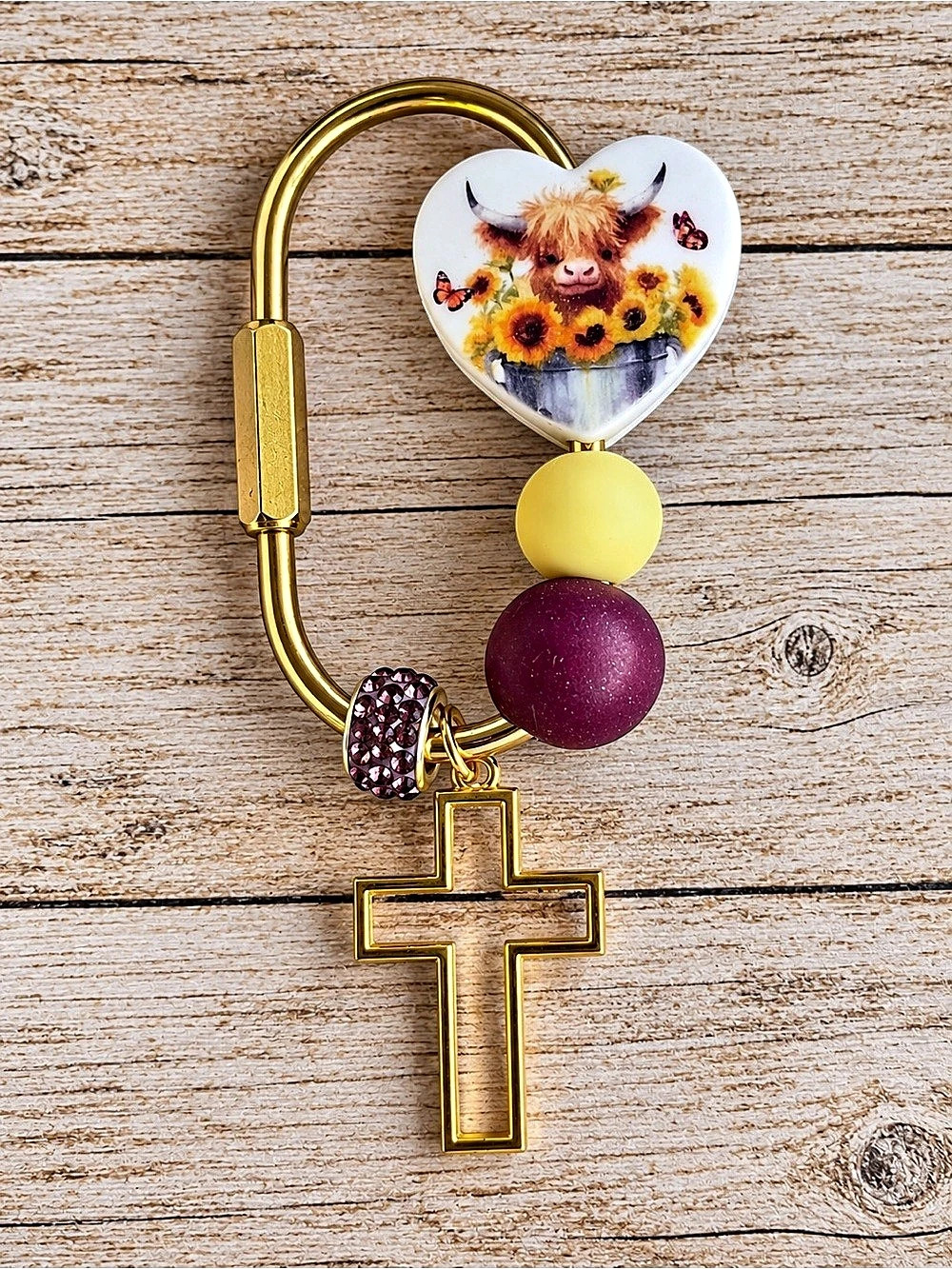 Floral Highland Cow Purse Charm in Gold & Purple New